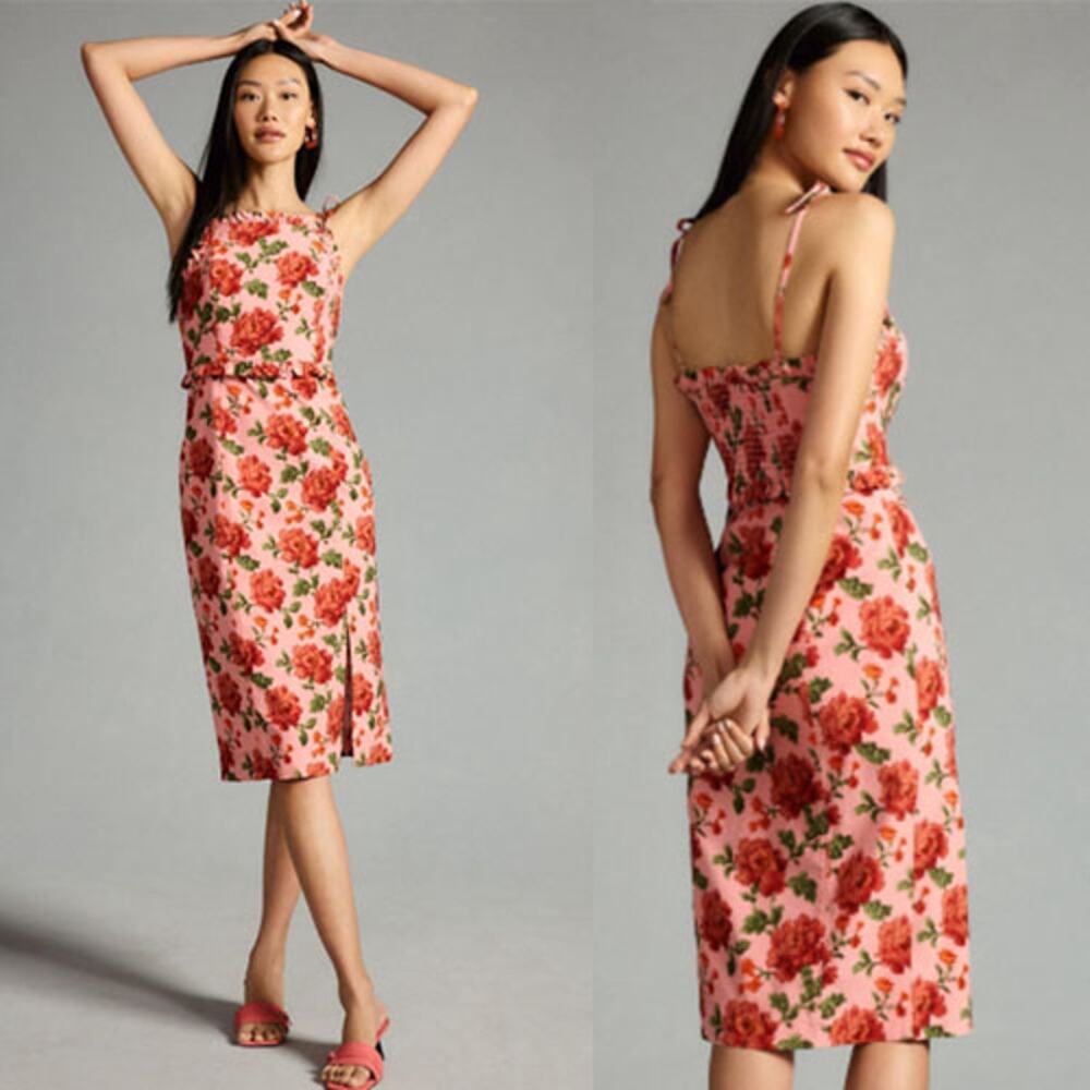 NEW Anthropologie Ruffled Peplum Floral Halter Slit Midi Dress Red Size: Small